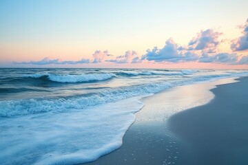 Tranquil beach at sunset featuring pastel clouds and gentle waves on sandy shores, creating a relaxing and serene atmosphere.
