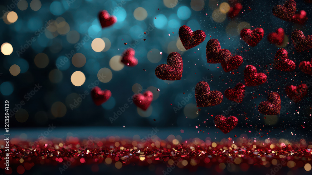 Poster cozy and inviting valentine day background with floating red hearts and shimmering bokeh lights crea