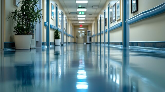 Blurry image of a sleek clinic hallway with blue highlights perfect for presentations banners or healthcare advertising visuals and professional layouts
