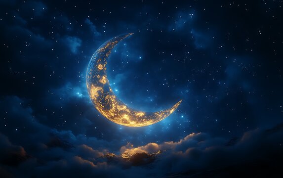 Glowing crescent moon in night sky. (3)