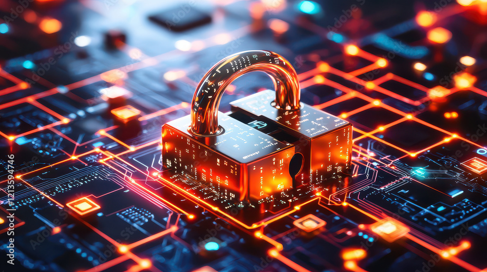Poster digital lock symbolizing data protection on circuit board background, showcasing security and technology. vibrant colors highlight importance of safeguarding information
