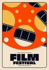 Movie festival poster template design minimal vintage retro style with film reel and filmstrip isolated on beige color background