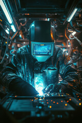 Welder working in a factory workshop with protective gear, sparks flying, and bright lighting in an industrial setting focused on metal welding and safety equipment