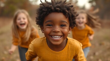 Fototapeta premium A joyful Black boy in a mustard yellow shirt smiles broadly at the camera while two smiling girls in similar shirts run playfully in the blurred background during an autumn day outdoors