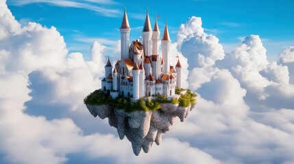 Floating Fantasy Castle Surrounded by Fluffy White Clouds