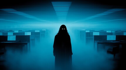 Glowing eyes in dark hooded figure standing in a foggy office at night.