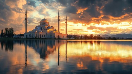 Naklejka premium Majestic Mosque at Sunset: A Serene Reflection