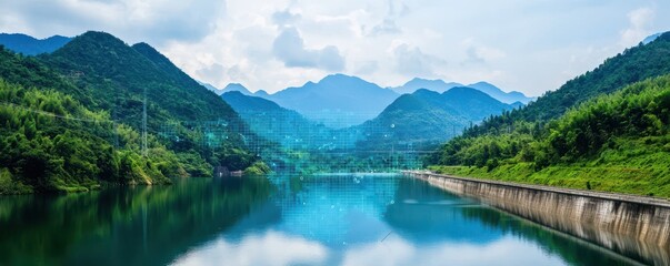 Fototapeta premium clean energy hydropower concept. Serene landscape with mountains reflecting in calm water under a cloudy sky.