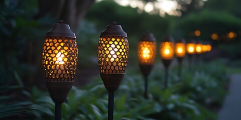 Illuminated pathway with solar-powered torches at dusk.
