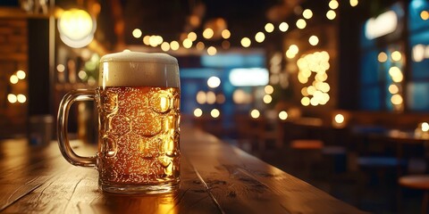 Glass of beer is on a wooden table