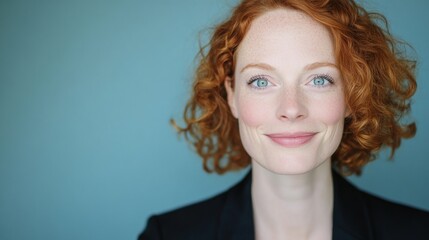Fototapeta premium A woman with vibrant curly red hair smiles warmly, highlighting her bright blue eyes and friendly demeanor in a softly lit setting
