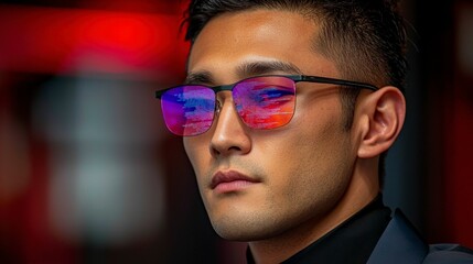 Focused Japanese male coding for cyber security in a modern office, with reflection of programming data in his glasses, addressing hacking risks and enhancing security protocols.