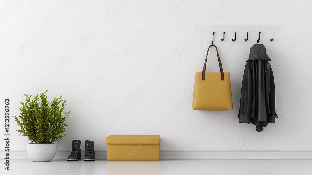 Poster minimalist entryway featuring plant, shoes, storage box, handbag, and coat on hooks. design emphasiz