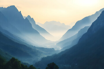 Fototapeta premium Misty sunrise valley, mountain range, peaceful landscape, travel poster