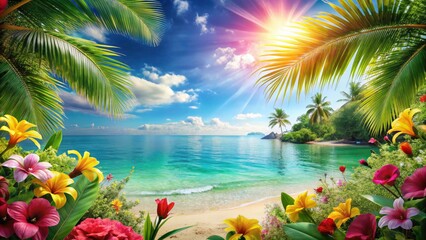 Summer Tropical Vacation Banner: Paradise Beach, Exotic Flowers, Lush Greenery, Sunny Sky