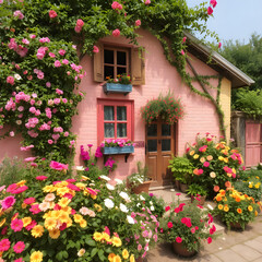 Casa urbana con una fachada llena de colores brillantes y flores.