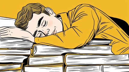 Studying student napping on books classroom illustration cozy environment side view stress relief