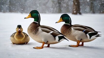 Obraz premium A group of ducks on the snow