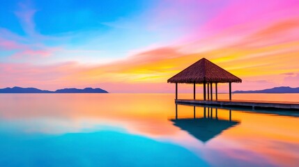 Serene Sunset Over Calm Waters with Tranquil Pavilion in View