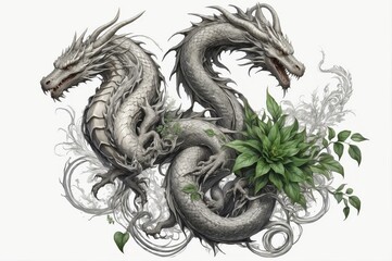 Fototapeta premium Two majestic silver dragons intertwined with lush green plants against a white background.