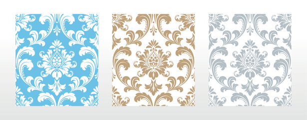 Wallpapers in the style of Baroque. Seamless vector backgrounds. Set of colored floral ornaments. Graphic patterns for fabric, wallpaper, packaging. Ornate Damask flower ornaments