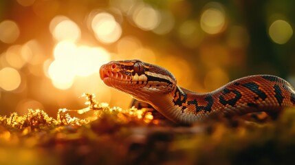 Fototapeta premium Captivating Close-up of a Colorful Python Snake in Natural Habitat with Soft Bokeh Lighting and Warm Sunset Background