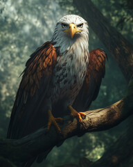Majestic bald eagle perched on tree branch in forest