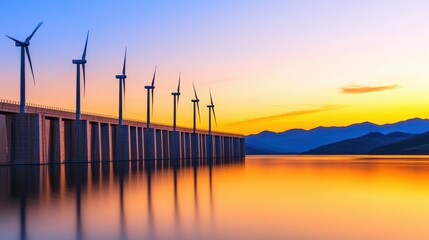 Obraz premium clean energy hydropower concept. Wind turbines line a calm waterfront at sunset with vibrant colors reflecting on the water.