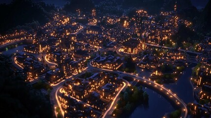 A nighttime aerial view shows a brightly lit city nestled between two waterways