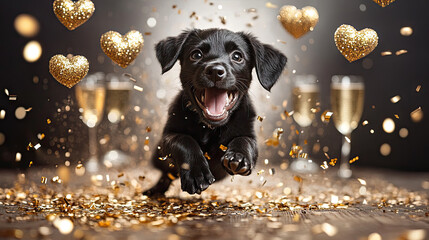 Huge golden hearts made of confetti behind the puppies ,the dog celebrating in against a white background, with space for text,Valentine's Day decoration on rustic wood with champagne glasses and gold