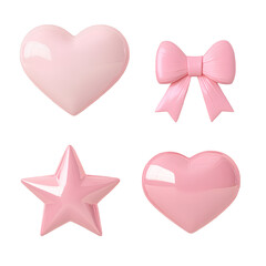 3D pink heart, star, and bow set isolated on a transparent background