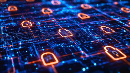 Cyber security network with glowing padlock icons on circuit boa