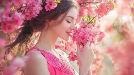 Fototapeta premium International Women's Day. Extremely happy woman in a bright pink dress is smelling a bunch of spring flowers
