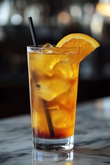 Iced tea with orange slice in tall glass.