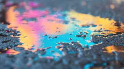 Reflections emerge on a wet asphalt surface, showcasing vibrant oil slick colors in an urban setting following a downpour