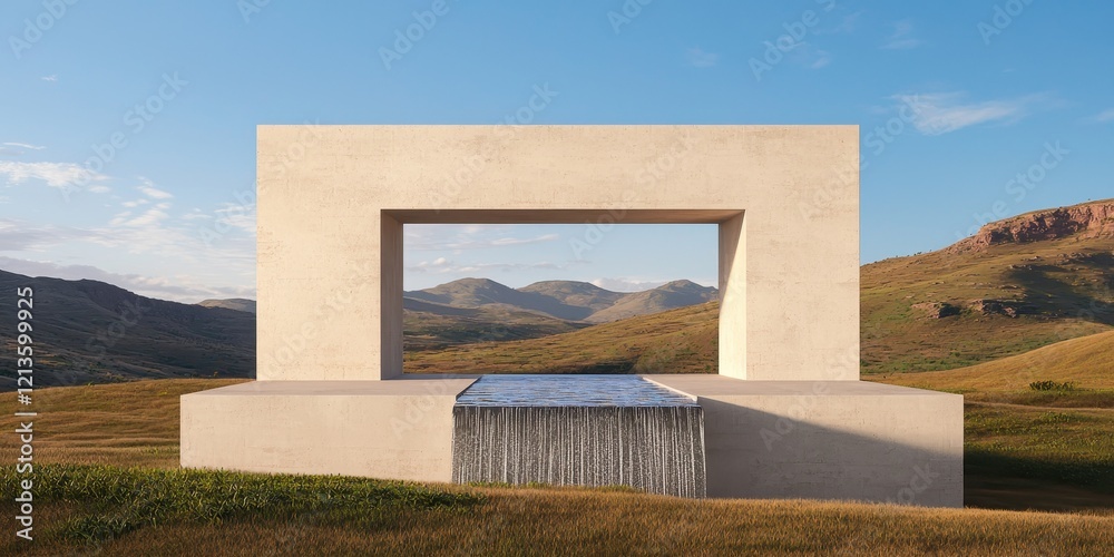 Poster clean energy hydropower concept. A modern structure with a water feature set against a scenic landscape.