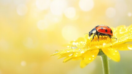A vibrant ladybug sits on a bright yellow daisy adorned with morning dew, showcasing natureвЂ™s beauty in a sunlit garden