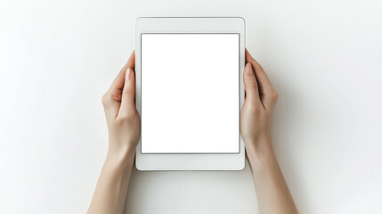 A mockup of a stylish white tablet on a white background. A woman is holding a tablet with an empty screen for the presentation of a website or application, top view