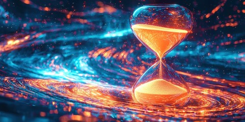 Glass hourglass is on a blue and orange background