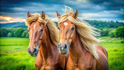 Fototapeta premium Two Happy Horses Together in Closeup with High Depth of Field, Capturing Joyful Expressions and Beautiful Manes in a Natural Setting, Perfect for Animal Lovers and Nature Enthusiasts