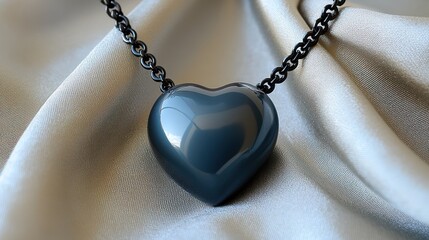 A glossy heart-shaped pendant on a black chain resting on silky fabric.