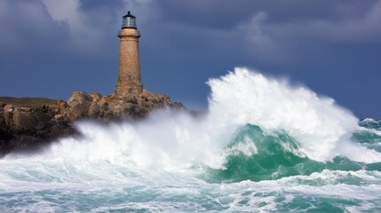 Waves surge violently as a lighthouse stands firm amid turbulent seas under a dramatic sky filled with storm clouds