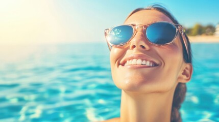 A cheerful woman smiles brightly while enjoying the warm sun and gentle ocean waves during a summer day at the beach