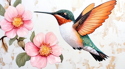 Fototapeta premium Colorful Hummingbird Perched Near Blooming Flowers in Bright Nature