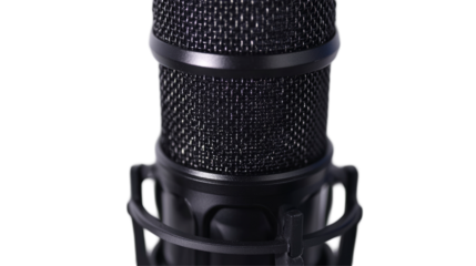 Closeup of podcast microphone with a transparent PNG background