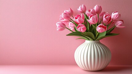 Obraz premium A bouquet of pink tulips in a white vase against a soft pink background.