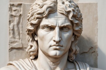 Close-up of a classical marble bust of a man with intense expression, detailed carving, and wavy hair.