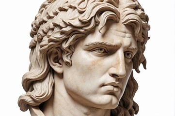 Close-up of a classical marble bust sculpture depicting a young man with flowing hair, intense gaze, and a serious expression.