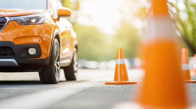 An orange car maneuvers carefully around orange traffic cones on a well-lit street, showcasing driving precision and focus