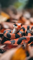 Vibrant Red and Black Snake Coiled Among Autumn Leaves, Capturing Nature's Beauty and Wildlife in a Stunning Close-Up Shot Ideal for Stock Photography